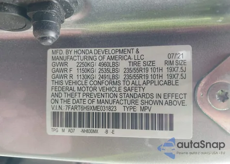 2021 Honda Cr-V Hybrid Touring из США, поврежденный, VIN 7FART6H9XME031823